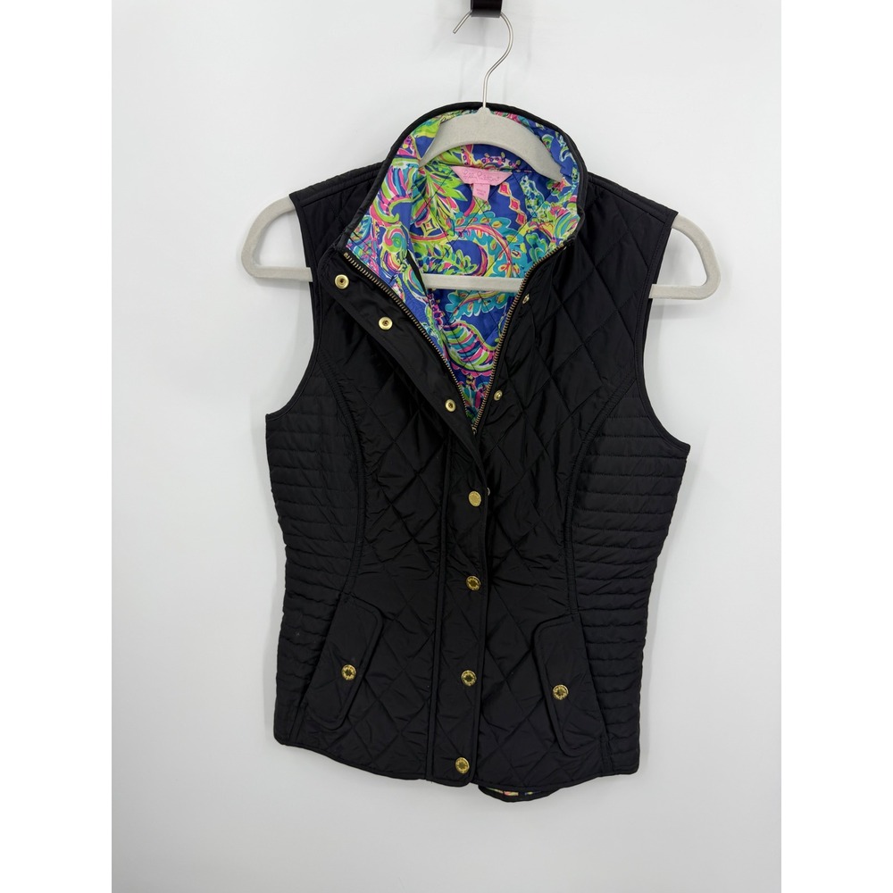Lilly Pulitzer‎ Quilted Vest Womens sz S Black Paisley Floral Lining Gold Snap